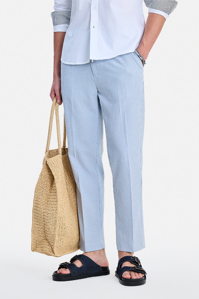 SNITCH Light Blue Striped Relaxed Formal Trousers - Image 1
