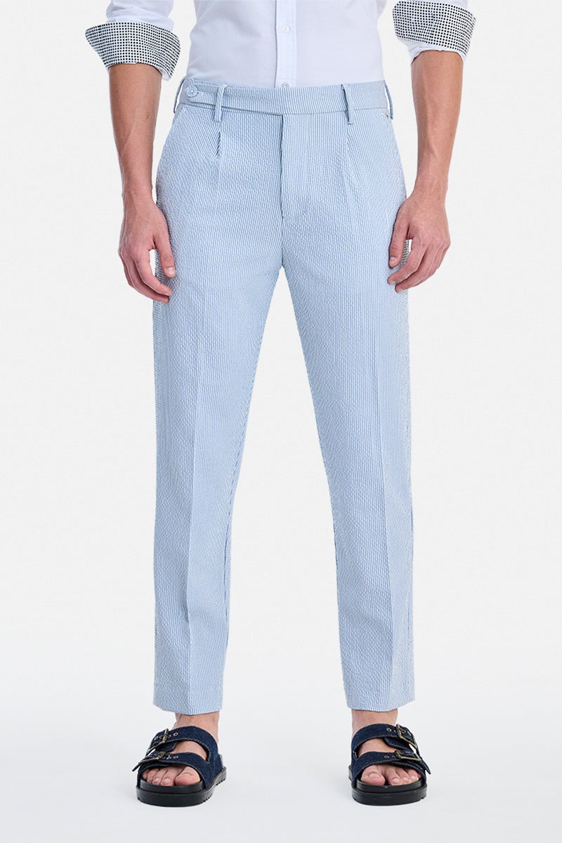 SNITCH Light Blue Striped Relaxed Formal Trousers - Image 4