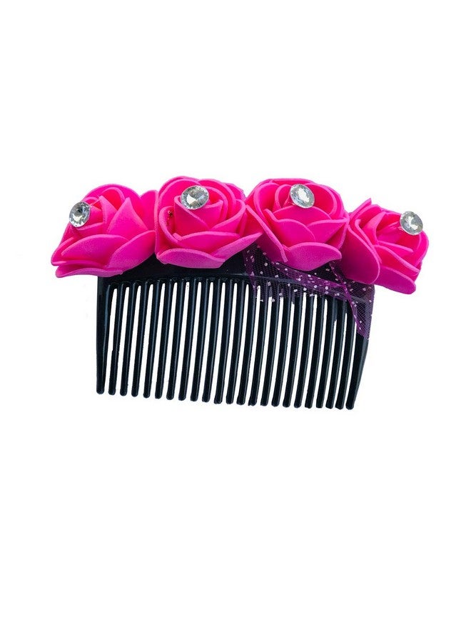 AROOMAN Artificial flower Fancy Juda Comb clip/Bun Comb Hair Flower Comb for Wedding and Parties Use for Women (Pink Color Pack :-1) - Image 1