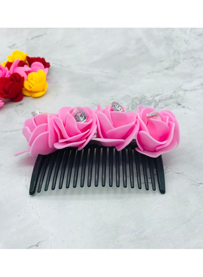 AROOMAN Artificial flower Fancy Juda Comb clip/Bun Comb Hair Flower Comb for Wedding and Parties Use for Women (Pink Color Pack :-1) - Image 3