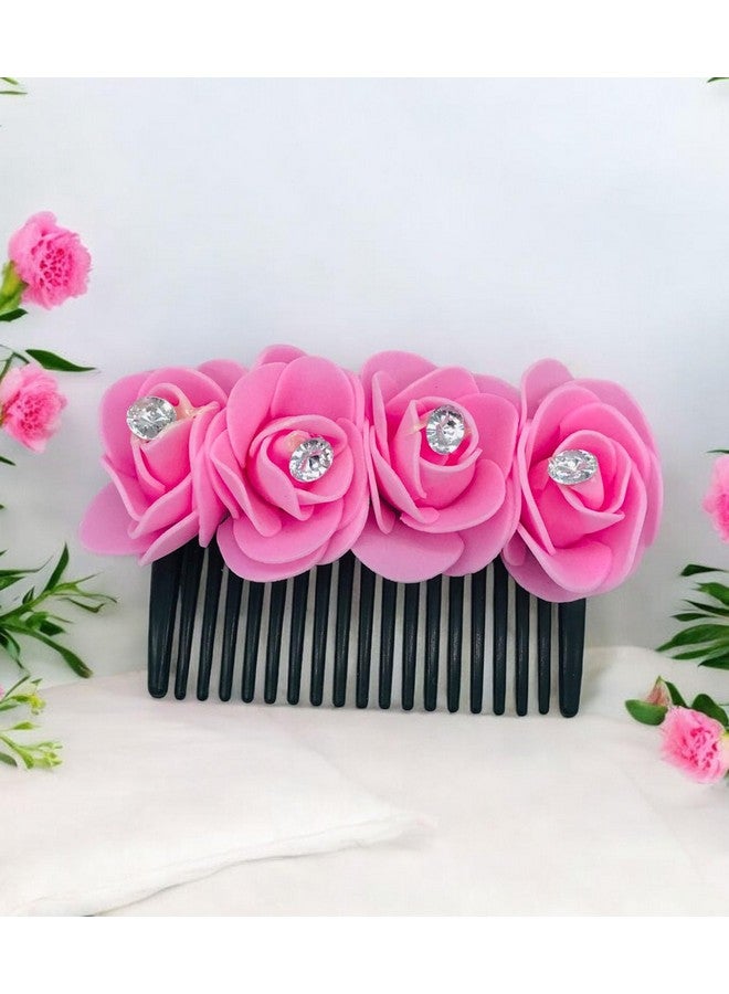 AROOMAN Artificial flower Fancy Juda Comb clip/Bun Comb Hair Flower Comb for Wedding and Parties Use for Women (Pink Color Pack :-1) - Image 2