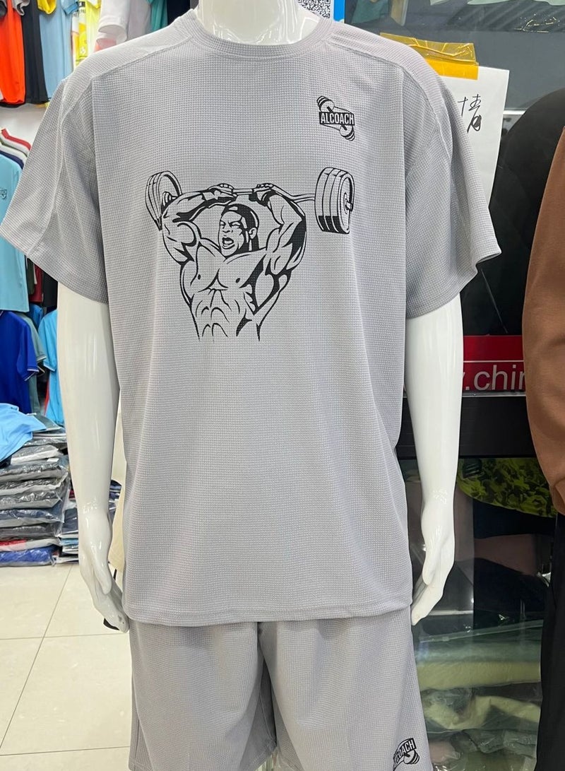 ALCOACH 2Pcs Men's Casual Short Sleeve Tracksuit Summer T Shirt & Shorts Set Waffle Sports Suit Athletic Matching Set with Pockets Khaki  - Image 2
