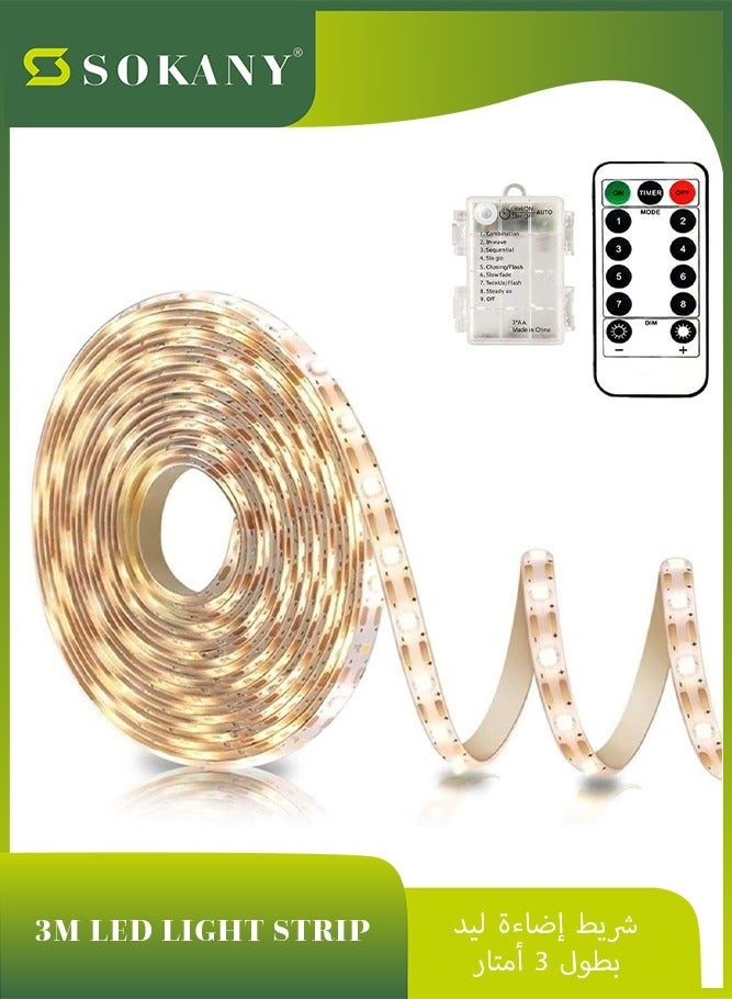 sokany Battery Powered LED Strip Lights with Remote Warm White, Dimmable, Timer, Self-Adhesive, Cuttable, Waterproof, 3m 90led Strip Lights for Tv Kitchen Cupboard Bedroom Decor (Warm White) - Image 1