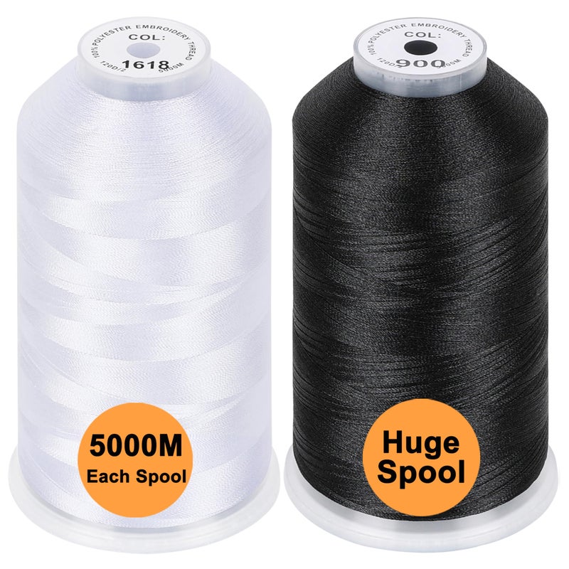 New brothread Set of 2 White  Black Polyester Machine Embroidery Thread Huge Spool 5000M for All Embroidery Machines