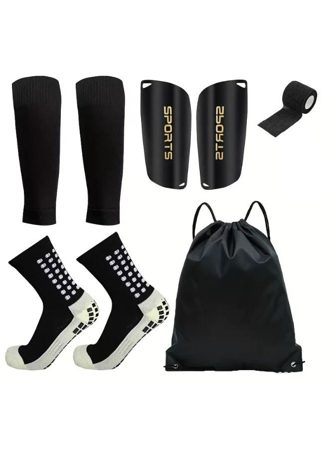 ALAMAREQ 1 Pair Grip Soccer Socks, 1 Pair Soccer Sleeve Socks with 1 Pack Shin Guards and 2 Shin Straps, Football Game Set 6 Pcs Black - Image 1