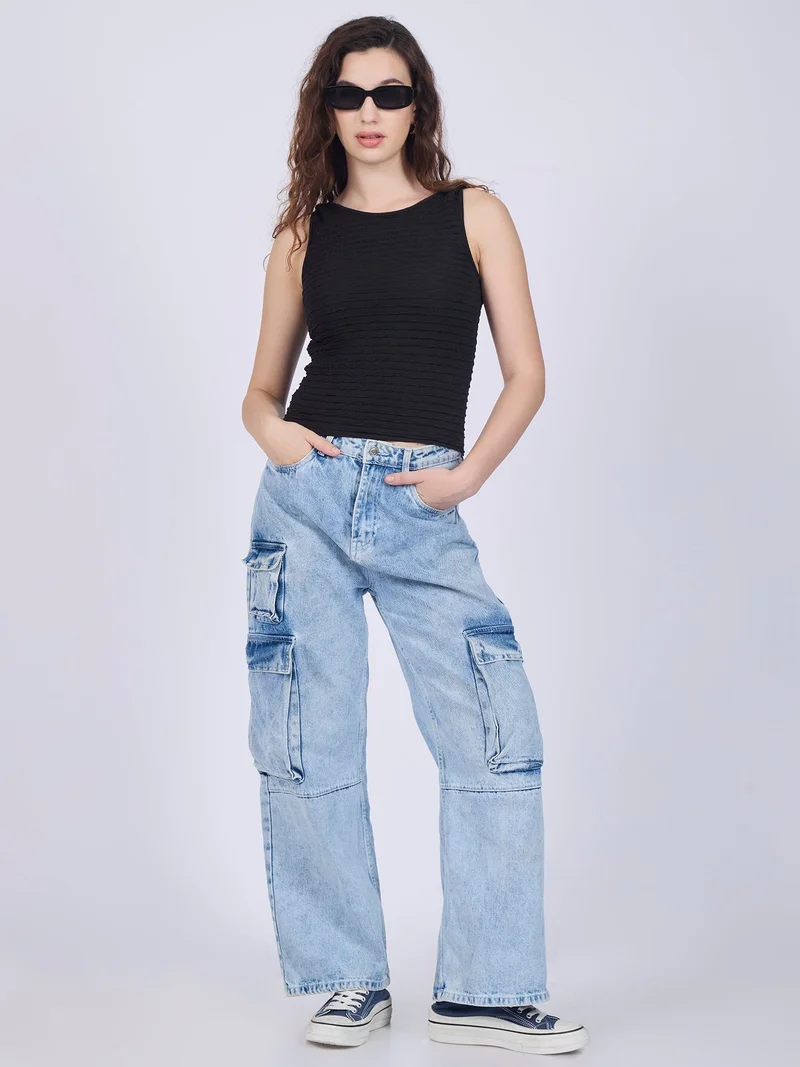 Outzidr  Black Textured Knit Halter Neck Tank Top for Women | Best Price UAE