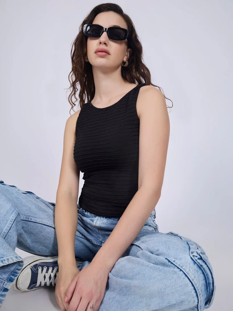 Outzidr  Black Textured Knit Halter Neck Tank Top for Women | Best Price UAE