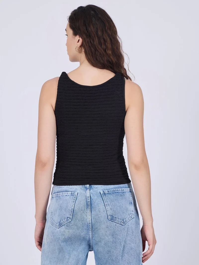 Outzidr  Black Textured Knit Halter Neck Tank Top for Women | Best Price UAE