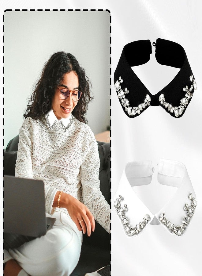 EupHHonycs 2 PCS Rhinestone Fake Collar Faux Collar Women Detachable Fake Collar Dickey Collar Shirt Collar Inserts for Women Faux Collar Shirt Fake Collar Womens White Black Classic Style Collar - Image 4