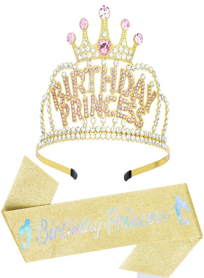 ACO-UINT Birthday Crown and Sash for Women, Gold Birth Day Princess Crown Headband Sash, Girl Crown Tiara Birthday Decorations Gifts - Image 1