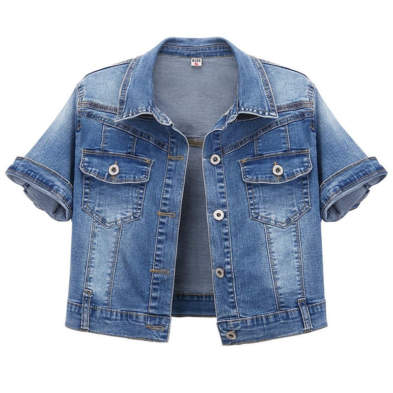Omoone Womens Summer Short Sleeve Crop Denim Trucker Jacket Jean Coat TopsDarkBlueS