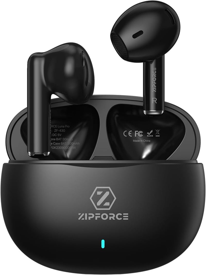 زيبفورس ZIPFORCE سماعات أذن لاسلكية حقيقية، سماعات داخل الأذن بلوتوث 5.3 مع 4 ميكروفونات وتقنية ENC لمكالمات واضحة، سماعات بلوتوث مع تحكم باللمس ووقت تشغيل 40 ساعة، مقاومة للماء IPX6 TWS، سماعات خفيفة الوزن - Image 1