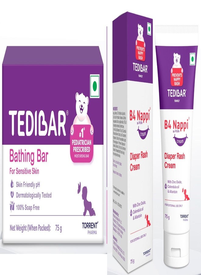 Tedibar Moisturising Baby Bathing Bar 75g(Pack of 1) with Skin Friendly PH & B4 Nappi Diaper Rash Cream for Babies 75g | Soothes and moiturises baby's Nappy Area - Image 1