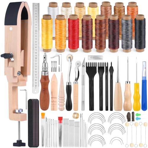 Yizzvb Stitching Pony, Leather Stitching Pony Clamp-Table Desktop Pony Horse Clamp with Sewing Needles, DIY Stitching Clamp, 96 PCS Leathercraft Repair Tools with Awl for DIY Leather Hand Stitching - Image 1
