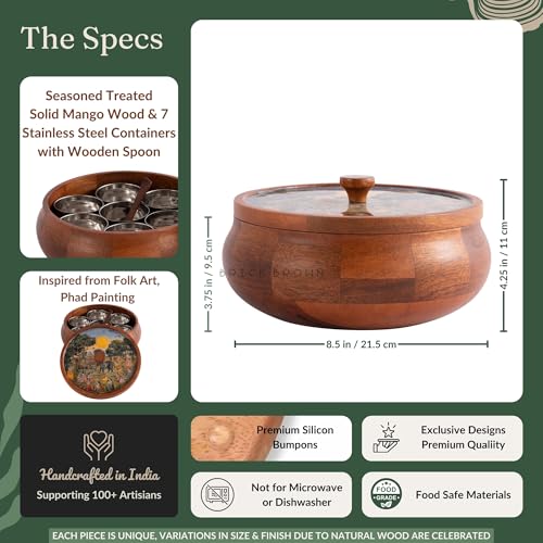 Brick Brown ® Wooden Enamel Coated Saga Masala Box for Kitchen | Spice Box | Spice Jars | Spice Rack & Masala Dani Organizer Storage Box with 7 Containers and 1 wooden spoon (8.5x4.2 inch) - Image 5