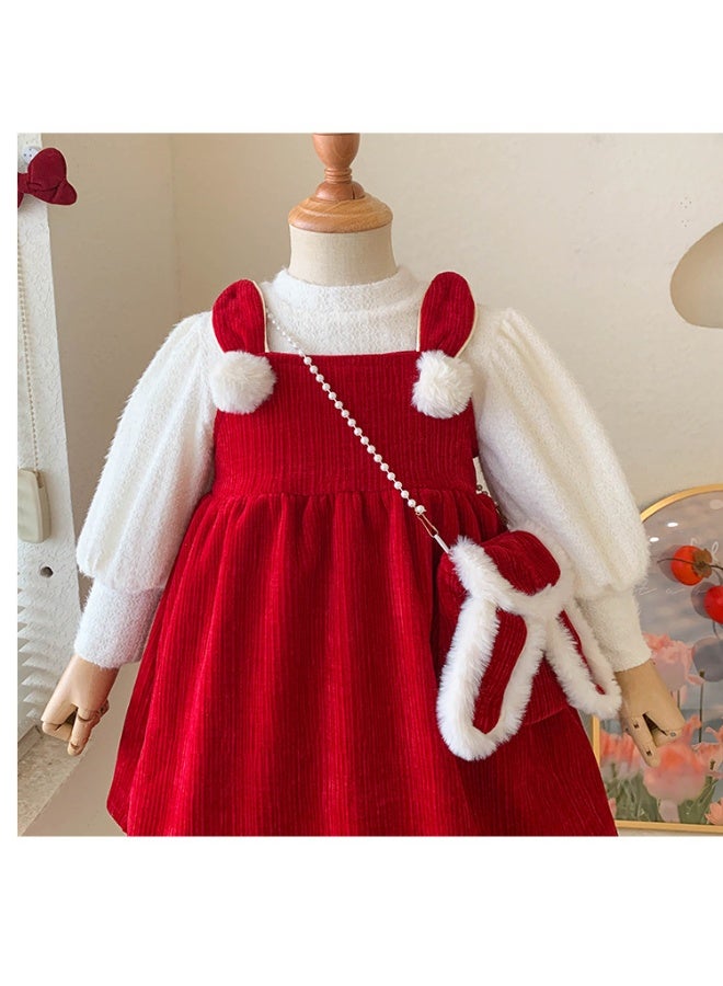 Girls Princess Red Dress Autumn Winter Christmas Children Suit Thickened Velvet Lined Dresses Baby 2 Piece Set Shirt + Sundress - Image 1