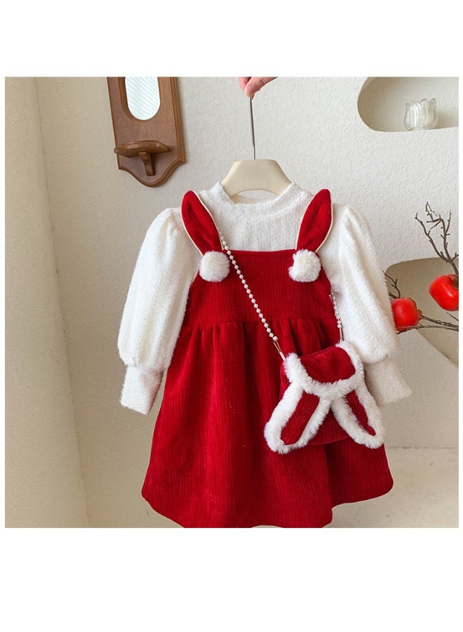 Girls Princess Red Dress Autumn Winter Christmas Children Suit Thickened Velvet Lined Dresses Baby 2 Piece Set Shirt + Sundress - Image 2