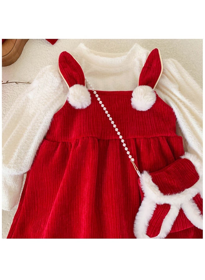 Girls Princess Red Dress Autumn Winter Christmas Children Suit Thickened Velvet Lined Dresses Baby 2 Piece Set Shirt + Sundress - Image 3