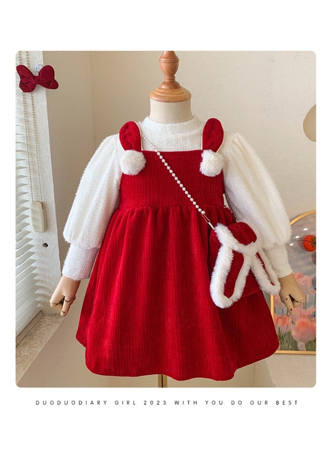 Girls Princess Red Dress Autumn Winter Christmas Children Suit Thickened Velvet Lined Dresses Baby 2 Piece Set Shirt + Sundress - Image 4