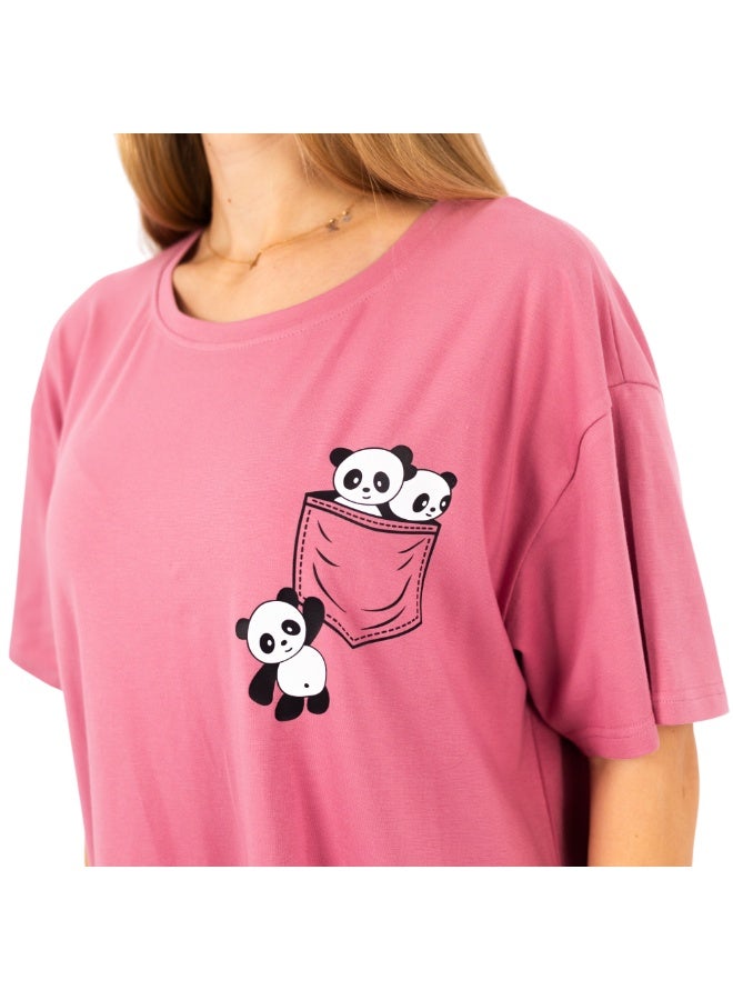 zecotex  Women's 100% Cotton T-Shirt Home Dress - Relaxed Fit with Cute Panda Print - Available in  Pink. - Image 2