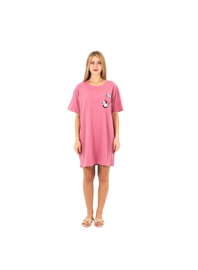zecotex  Women's 100% Cotton T-Shirt Home Dress - Relaxed Fit with Cute Panda Print - Available in  Pink. - Image 1