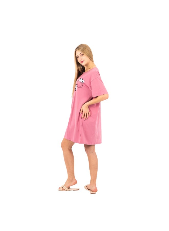 zecotex  Women's 100% Cotton T-Shirt Home Dress - Relaxed Fit with Cute Panda Print - Available in  Pink. - Image 3