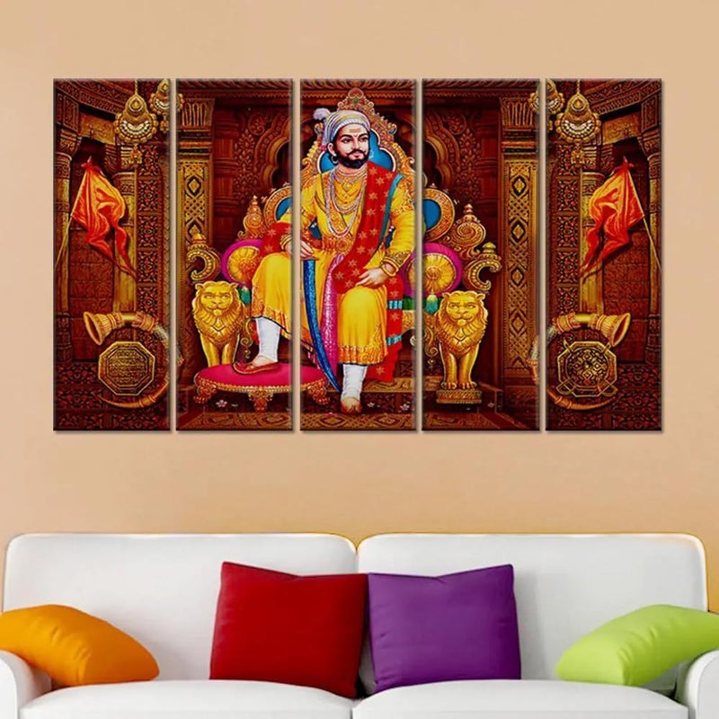 DEKORSTATION Chattrapati Shivaji Maharaj Wall Painting Wooden Framed 5 Pieces Big Canvas Painting for Living Room Bedroom Office Wall Decoration 24 H x 8 W Each panel - Image 1