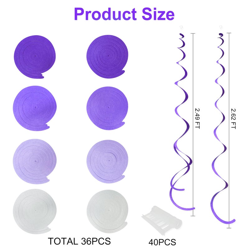 pinkblume 36Pcs Purple Hanging Swirl Decorations Ombre Purple Felt Swirl Streamer Spiral Ceiling Garland for Lavender Lilac Violet Birthday Wedding Bachelorette Baby Shower Graduation Holiday Hen Party Supplies - Image 2