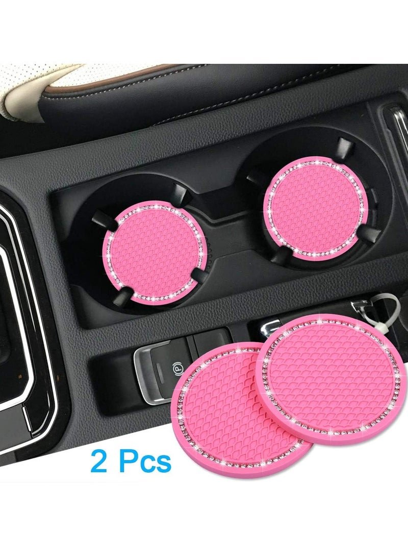 Wisdompro Bling Car Coasters 2 Pack PVC Car Cup Holder Auto Insert Coaster Anti Slip Universal Vehicle Interior Girly Car Accessories Sparkly Crystal Cup Mats for Girls Women 2.75 Diameter Pink - Image 3