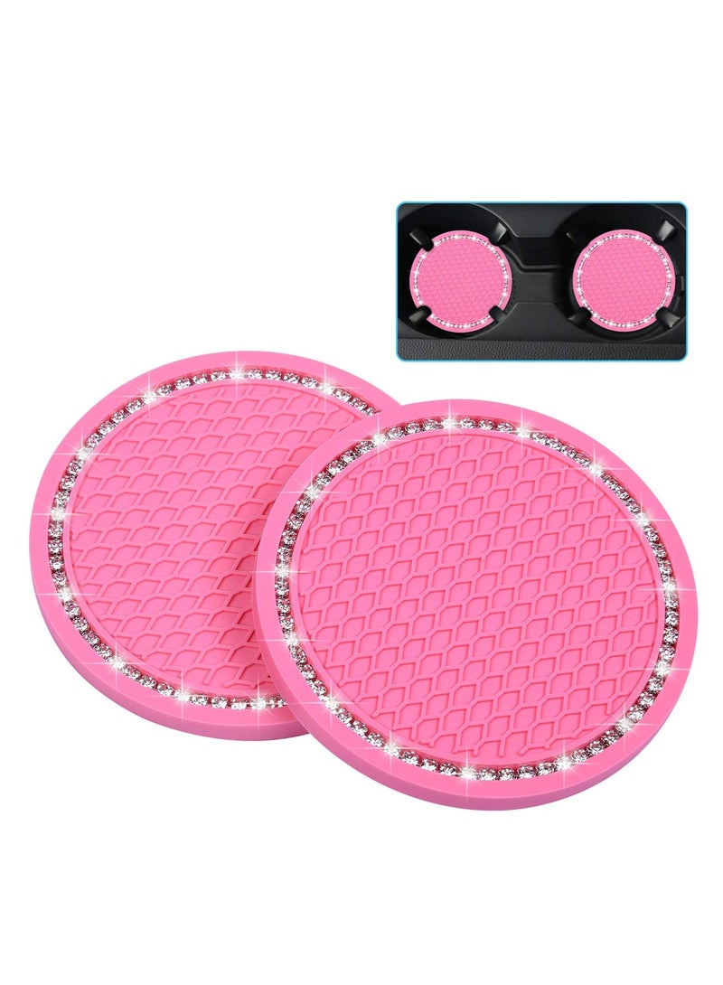 Wisdompro Bling Car Coasters 2 Pack PVC Car Cup Holder Auto Insert Coaster Anti Slip Universal Vehicle Interior Girly Car Accessories Sparkly Crystal Cup Mats for Girls Women 2.75 Diameter Pink - Image 2
