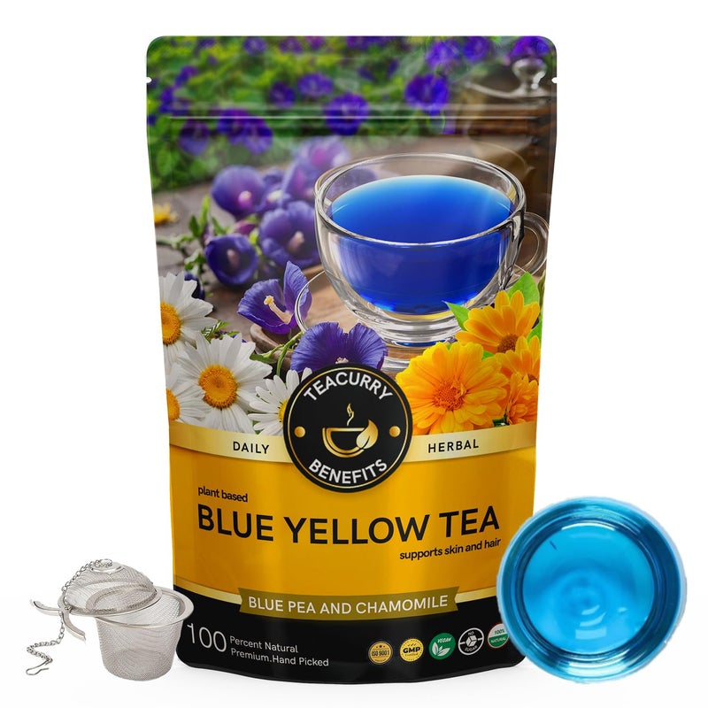 Teacurry Blue Yellow Tea (100 gram loose+infuser) - Supports Skin and Stomach Wellness | Flower Based, Caffeine Free Herbal Tea - Image 1