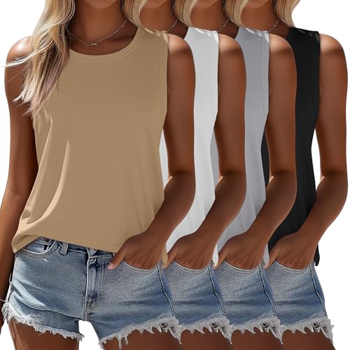 Ficerd 4 Pack Women's Sleeveless Tops, Casual Summer Loose Fit T Shirts Solid Color Tunic Tank Tops Ladies' Crew Neck Tee (Black, White, Light Gray, Khaki,Medium) - Image 1