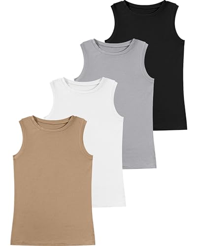 Ficerd 4 Pack Women's Sleeveless Tops, Casual Summer Loose Fit T Shirts Solid Color Tunic Tank Tops Ladies' Crew Neck Tee (Black, White, Light Gray, Khaki,Medium) - Image 2