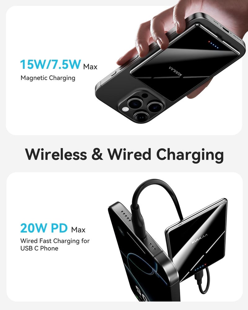 KUULAA Magsafe Power Bank 5000mAh 20W, Portable Charger Fast Charging, Magnetic Battery Pack Compatible with iPhone 17/16/15/14/13/12 Serie - Mirror Black - Image 3