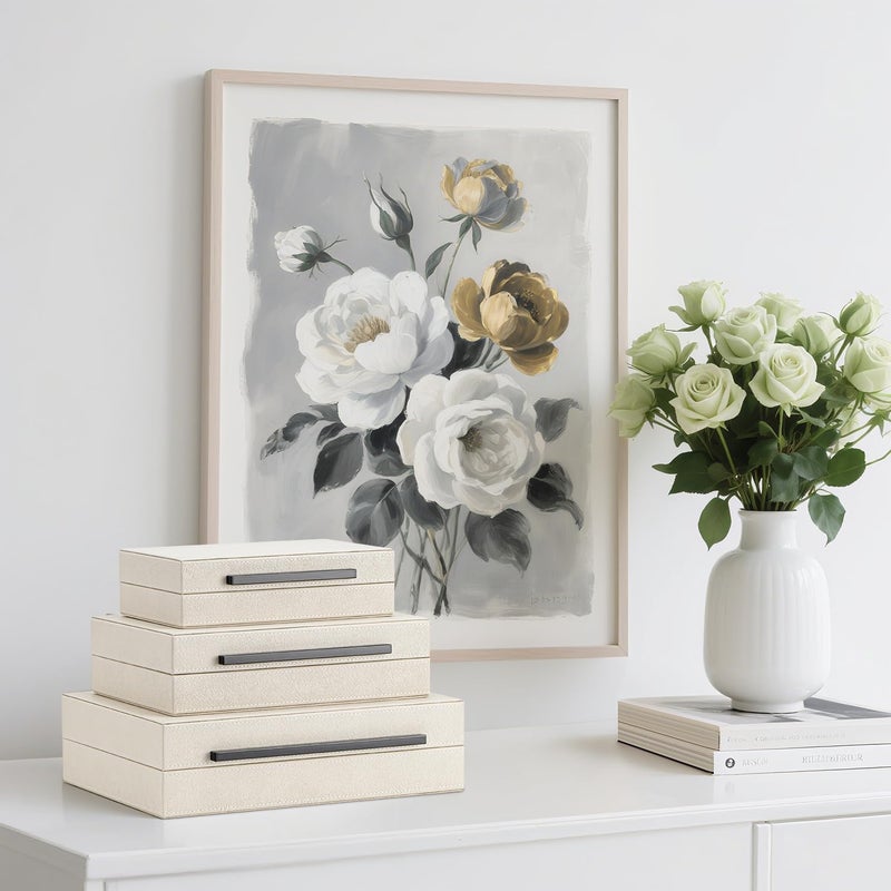 XIGEXIGE Set of 3 Beige Shagreen Decorative Storage Boxes with Black Metal Handles –Faux Leather Large Modern Stackable Nesting Jewelry Box with Lids Organizer - Image 2