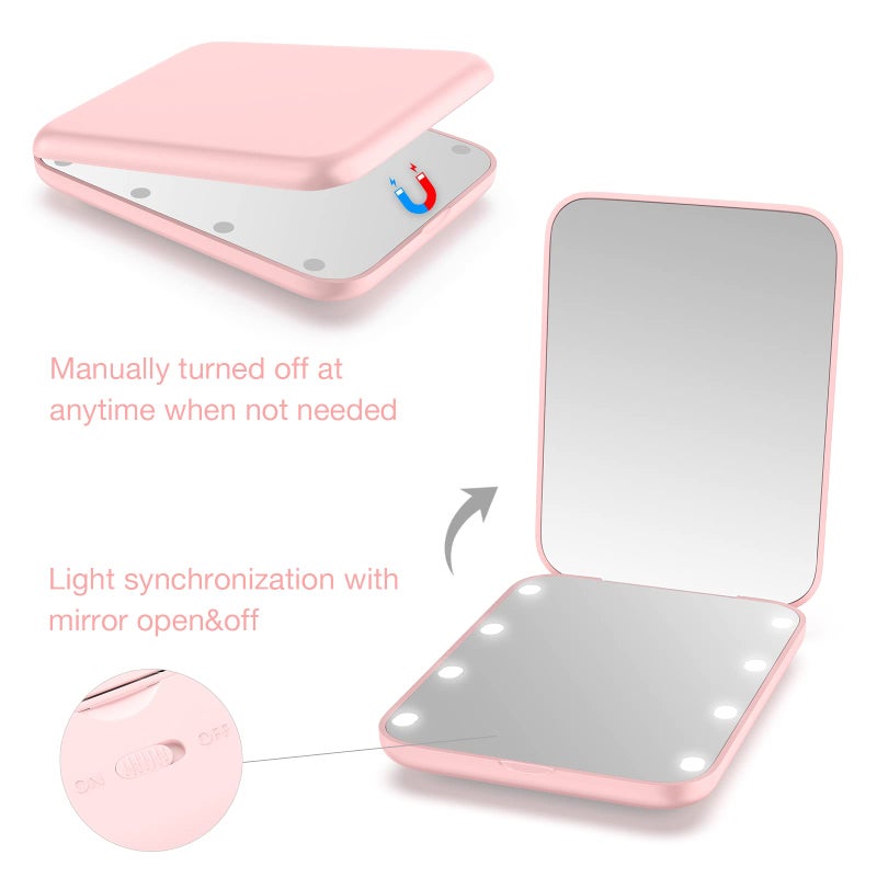 WOBSION Small Mirror with Lights,LED Compact Makeup Mirror,1x/3x Mini Travel Mirror with Magnification,Portable for Purse,Pocket,Gifts for Girls,Pink - Image 3
