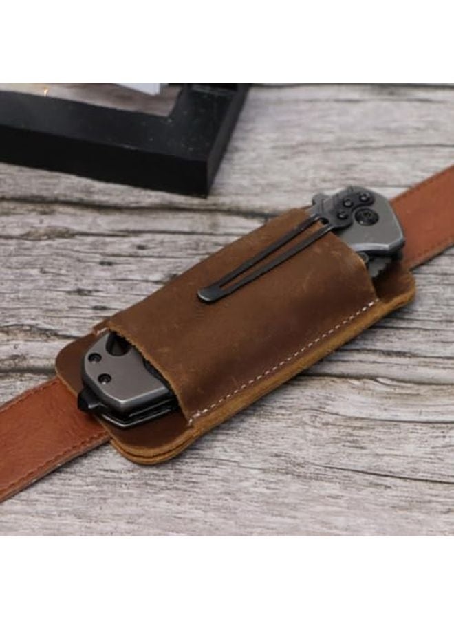 Dark Brown Leather Knife Sheath Horizontal Belt Carry Compact One Hand Access EDC Pocket Organizer - Image 3