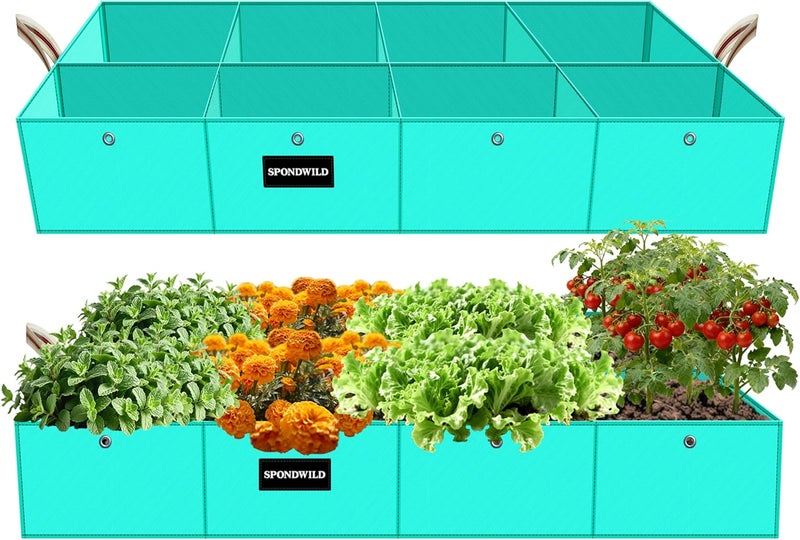 SPONDWILD 2 Pcs 135 Gallon PE Rectangle Plant Grow Bags, 6x3x1ft Large Raised Garden Bed Outdoor 8 Grids Planter Box Planting Container for Growing Tomatoes Potatoes Plants Flowers, Green - Image 1