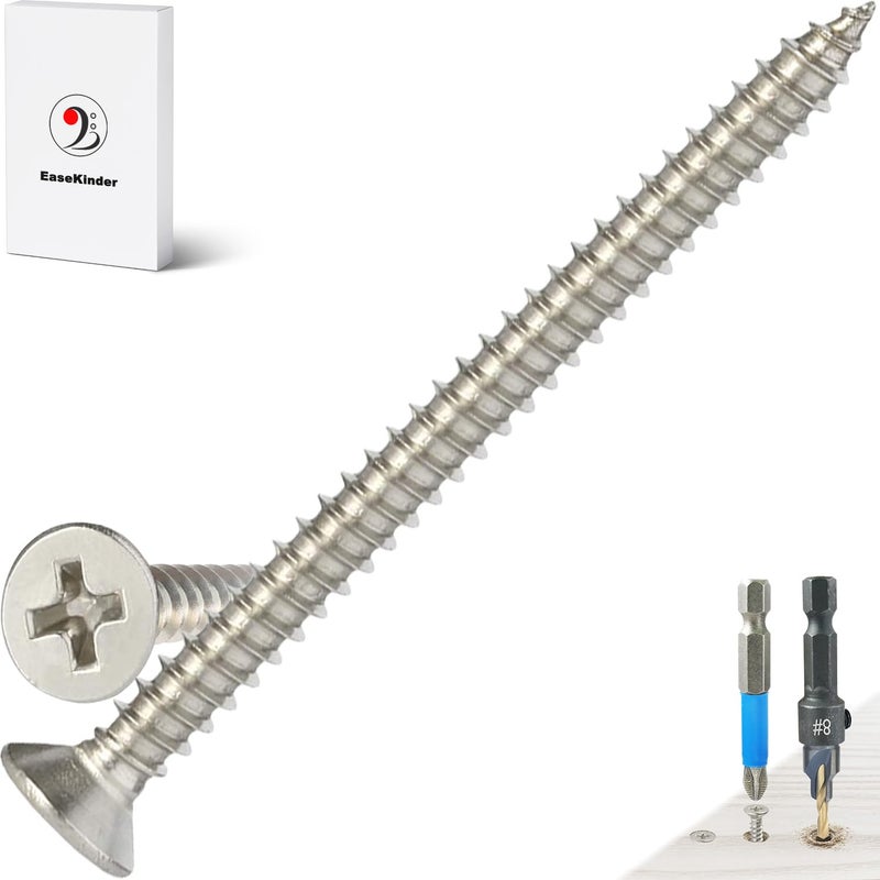 Kinder Wood Screws - 50PCS Flat Head Phillips Screws, 304 Stainless Steel Screw with Adjustable Wood Countersink Kit (#8 x 2) - Image 1
