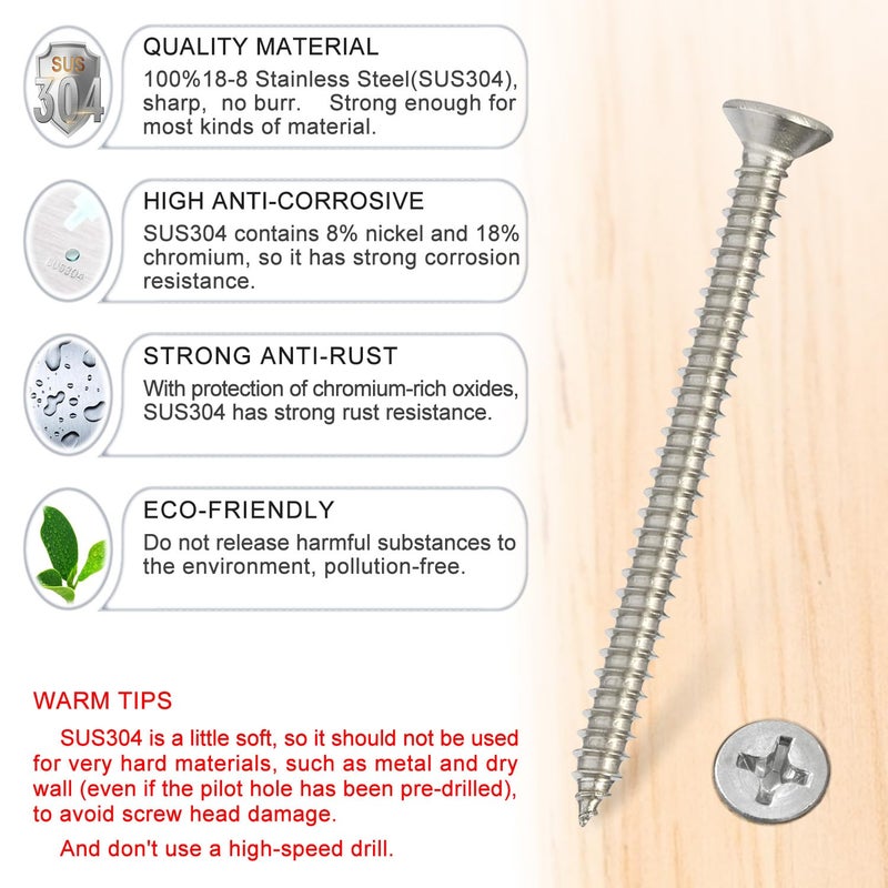 Kinder Wood Screws - 50PCS Flat Head Phillips Screws, 304 Stainless Steel Screw with Adjustable Wood Countersink Kit (#8 x 2) - Image 2