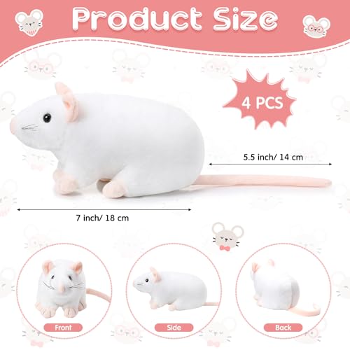 Kasyat 4 Pcs Fake Rat Stuffed Animals 7 Inch Fake Mouse Plush Toys Soft Cuddly Stuffed Mouse Realistic Rat Plushies for Birthday Prank Props April Fools TricksWhite - Image 5