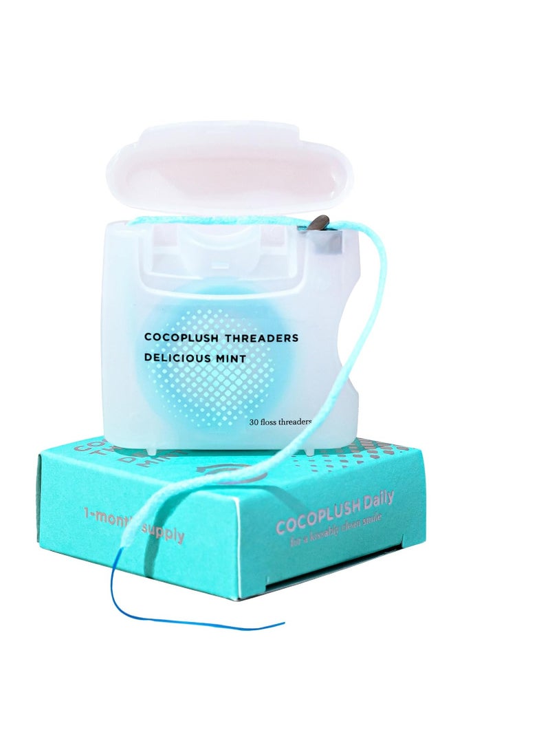 Cocofloss Cocofloss CocoPlush Threaders, Dental Floss for Implants, Bridges, and Braces, Mint, Waxed, Dentist-Designed Oral Care with Coconut Oil, 30 Per Pack  - Image 1