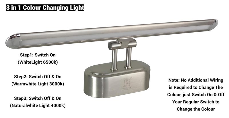 FILLISKA ® ضوء مرآة حديث بتقنية LED مع 3 أوضاع إضاءة قابلة للتعديل (أبيض، أبيض دافئ وأبيض محايد) (ضمان 2 سنة) (12 واط من النيكل المصقول) - Image 2