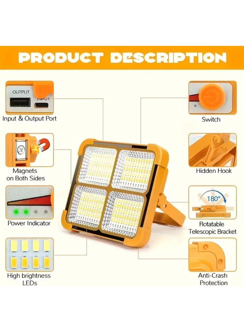 كشاف إضاءة LED بالطاقة الشمسية مع بنك طاقة – مقاوم للماء IP68 قابل لإعادة الشحن، مصباح عمل للتخييم مع شحن USB للهاتف، لوح شمسي قابل للطي للاستخدام الخارجي والطوارئ والمنزل (برتقالي/أسود) - Image 2