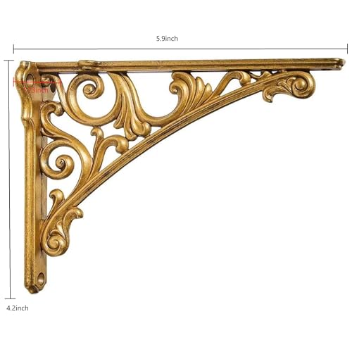 Khtumeware Shelf Bracket 6 Inch Decorative Brackets for Shelving Heavy Duty Vintage Brass Ornate Shelf Bracket Hardware Included 2 Pack Antique Brass Finish 59x42x173 inch - Image 3