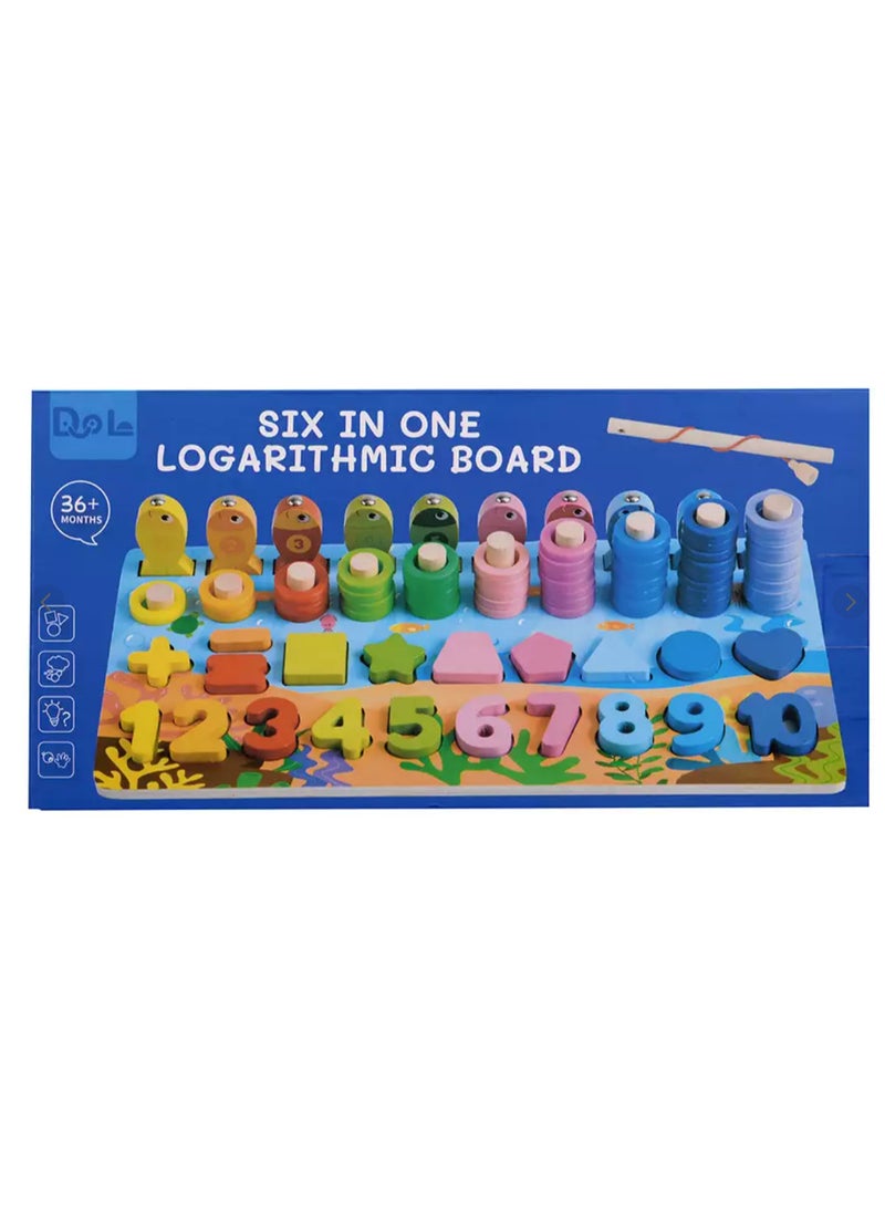 6-in-1 Wooden Educational Logarithmic Board for Kids   A multifunctional educational toy for children aged 3+, includes numbers, geometric shapes, colors, counting rings, and magnetic fishing game.   Helps develop counting skills, color recognition, matching, logical thinking, and hand-eye coordination in a fun and safe way.   Perfect for teaching math basics in an interactive and engaging style. - Image 1