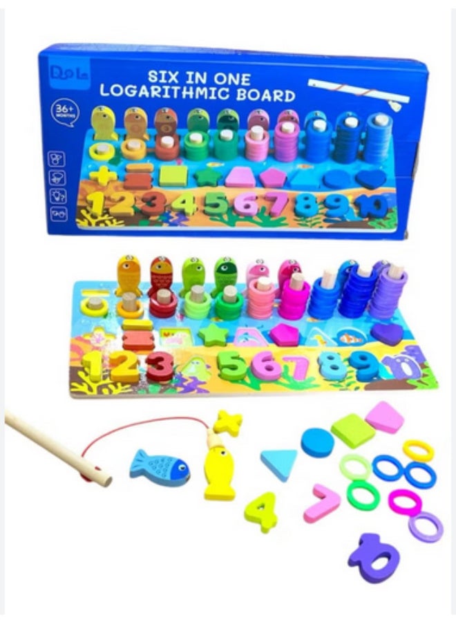 6-in-1 Wooden Educational Logarithmic Board for Kids   A multifunctional educational toy for children aged 3+, includes numbers, geometric shapes, colors, counting rings, and magnetic fishing game.   Helps develop counting skills, color recognition, matching, logical thinking, and hand-eye coordination in a fun and safe way.   Perfect for teaching math basics in an interactive and engaging style. - Image 3
