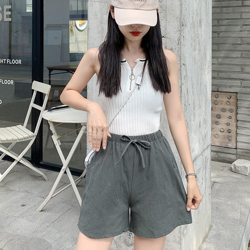 Summer Cotton Shorts A-Line Loose Women Pine Green  - Image 1