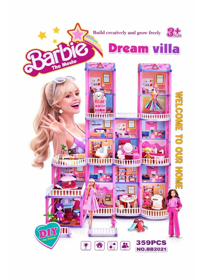 Mattel Games Barbie The Movie Dream Villa DIY Dollhouse Playset - 334 Pcs Luxury Multi-Story Castle with Furniture, Accessories & Dolls - Creative Building Toy for Girls - Image 1