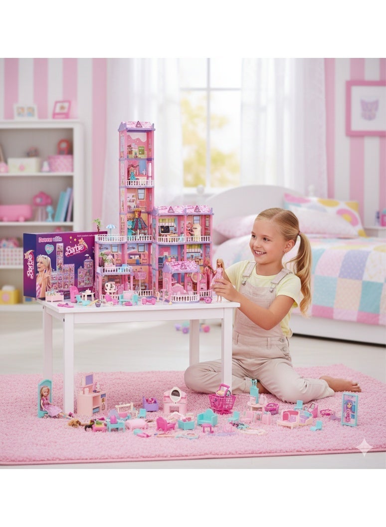 Mattel Games Barbie The Movie Dream Villa DIY Dollhouse Playset - 334 Pcs Luxury Multi-Story Castle with Furniture, Accessories & Dolls - Creative Building Toy for Girls - Image 4